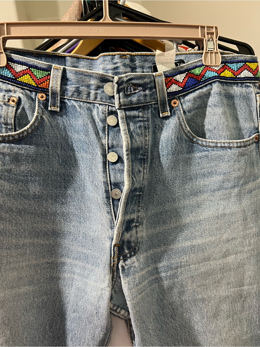 Vintage Buzz 18 Embellished Cropped 501 Levi’s Tribal Boho Style - Picture 6 of 16
